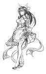  animal_ears arceonn bow breasts cat_ears cat_tail finger_to_mouth greyscale hair_bow highres large_breasts long_hair maid monochrome noihara_himari omamori_himari ponytail sketch solo standing tail 