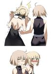  2girls 2koma artoria_pendragon_(all) bare_arms bare_back bare_shoulders black_choker black_dress blonde_hair blush braid choker comic commentary dress embarrassed fate/grand_order fate/stay_night fate_(series) french_braid giggling hair_bun hair_ribbon hand_to_own_mouth highres jeanne_d'arc_(alter)_(fate) jeanne_d'arc_(fate)_(all) motion_lines multiple_girls nanaya_(daaijianglin) nose_blush poking ribbon saber_alter short_hair simple_background sketch sleeveless sleeveless_dress smile surprised sweatdrop trembling white_background yellow_eyes 