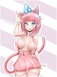  animal_ears blue_eyes blush breasts cat_ears cat_tail eyebrows_visible_through_hair happy_birthday hat highres kanachirou large_breasts looking_at_viewer open_mouth original party_hat pink_hair pink_legwear short_hair smile solo striped striped_legwear tail thighhighs 