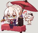  ahoge artoria_pendragon_(all) black_bow blonde_hair bow chibi eyebrows_visible_through_hair fate/grand_order fate_(series) food glasses hair_bow keikenchi_(style) looking_at_another multiple_girls mysterious_heroine_x_(alter) okita_souji_(fate) okita_souji_(fate)_(all) open_mouth short_hair sitting sword table takoyaki umbrella weapon yellow_eyes yuki_shiro 