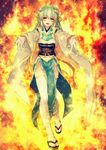  bangs blush commentary_request fate/grand_order fate_(series) fire foreshortening full_body green_hair horns japanese_clothes kimono kiyohime_(fate/grand_order) long_hair long_sleeves looking_at_viewer obi oumi_sanaka parted_lips pelvic_curtain sandals sash smile solo standing thighhighs white_legwear wide_sleeves yellow_eyes 