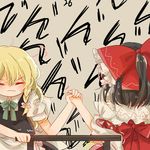  &gt;:( =3 apron arm_wrestling black_hair blonde_hair bow braid detached_sleeves frilled_shirt_collar frilled_skirt frills frown hair_bow hair_ribbon hair_tubes hakurei_reimu kirisame_marisa kosencha large_bow long_hair multiple_girls no_hat no_headwear ponytail puffy_short_sleeves puffy_sleeves ribbon ribbon-trimmed_sleeves ribbon_trim sash short_sleeves side_braid single_braid sitting skirt sweat table touhou v-shaped_eyebrows waist_apron wide_sleeves 