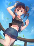  :d ahoge armpits backpack bag bangs bare_shoulders black_skirt blue_hat blue_sky breasts brown_hair cellphone cloud cowboy_shot day denim denim_shorts drill_hair dutch_angle from_below grass grin hair_ornament hair_scrunchie hand_on_headwear hand_up hat highres holding holding_phone idolmaster idolmaster_million_live! kamille_(vcx68) leaf leaves_in_wind long_hair looking_at_viewer midriff nail_polish navel open_mouth outdoors phone purple_eyes railing scrunchie shirt shorts side_ponytail sidelocks skirt sky sleeveless sleeveless_shirt small_breasts smartphone smile solo standing standing_on_one_leg tank_top water wind wristband yokoyama_nao 