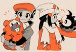  1girl animal_on_arm beanie bidoof cabbie_hat coat gen_4_pokemon hair_ornament hairclip hat hikari_(pokemon) kouki_(pokemon) monochrome pokemon pokemon_(creature) pokemon_(game) pokemon_dppt pokemon_platinum scarf smile starly tan_background winter_clothes 