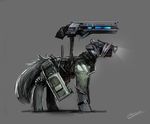  2017 ambiguous_gender armor clothed clothing cybernetics cyborg equine feral flashlight grey_background gun helmet horse machine mammal my_little_pony panzery25 pony ranged_weapon side_view signature simple_background standing weapon wristwatch 