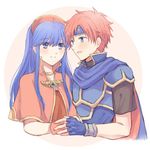  1girl armor blue_armor blue_eyes blue_hair blush cape couple dress fire_emblem fire_emblem:_fuuin_no_tsurugi gloves hat headband hetero lilina long_hair red_hair roy_(fire_emblem) short_hair simple_background white_background wspread 