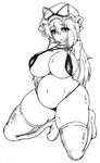  :d absurdres big_belly bikini breasts commentary_request greyscale hair_ribbon hat highres huge_breasts jpeg_artifacts kneeling long_hair looking_at_viewer micro_bikini mob_cap monochrome navel nervous_smile open_mouth plump ribbon smile solo swimsuit thighhighs touhou tress_ribbon very_long_hair walter_wolf0907 wide_hips yakumo_yukari 