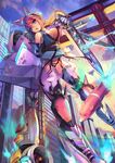  ahoge animal_ears armor bangs blonde_hair blue_eyes breasts building city cleavage cloud evening fake_animal_ears floral_print flying fox from_below gradient_sky hair_between_eyes hair_ornament head_tilt highres holding holding_weapon long_hair looking_at_viewer mecha_musume mechanical_parts medium_breasts open_mouth original outdoors ponytail rocket sky sleeveless solo sunga2usagi sunset torii weapon 