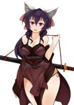  animal_ears arceonn bare_shoulders bow breasts cat_ears cleavage hair_bow highres japanese_clothes katana kimono large_breasts long_hair noihara_himari obi omamori_himari open_mouth panties ponytail purple_eyes purple_hair round_teeth sash solo sword teeth underwear weapon 