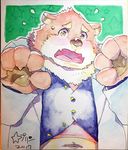  bear belly blush clothed clothing cute embarrassed fully_clothed jambavan male mammal modriff navel simple_background star_parlor tokyo_afterschool_summoners traditional_media_(artwork) 
