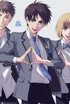  :d armin_arlert blazer blonde_hair blue_eyes bow bowtie brown_eyes brown_hair collared_shirt commentary eren_yeager eyebrows_visible_through_hair idol jacket jean_kirchstein lena_rena looking_at_viewer multiple_boys necktie open_mouth pants school_uniform shingeki_no_kyojin shirt smile teeth 