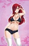  absurdres armpits bikini_top blush breasts brown_eyes cleavage collarbone covered_nipples erza_scarlet fairy_tail gaston18 hair_over_one_eye highres huge_breasts long_hair navel open_fly parted_lips red_hair shorts smile solo thighhighs white_legwear 
