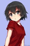  :o arms_at_sides black_hair blue_background blue_eyes blush breasts eyebrows_visible_through_hair hair_between_eyes kaban_(kemono_friends) kemono_friends looking_away medium_breasts mikan_(ama_no_hakoniwa) no_hat no_headwear open_mouth red_shirt shirt short_hair short_sleeves simple_background solo tareme twitter_username upper_body 