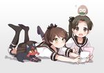  :d ? ayanami_(kantai_collection) bangs black_legwear black_ribbon brown_eyes brown_hair commentary_request eyebrows_visible_through_hair full_body game_console gen_7_pokemon hair_ribbon kantai_collection kneehighs legs_up litten long_hair lying multiple_girls no_shoes on_head on_stomach onbin_ha open_mouth outstretched_arms parted_bangs playing_games pleated_skirt pokemon pokemon_(creature) pokemon_on_head ponytail ribbon rowlet school_uniform serafuku shikinami_(kantai_collection) short_hair short_sleeves side_ponytail skirt smile yellow_eyes 