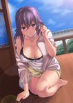  bare_shoulders barefoot blue_sky breasts cleavage collarbone day konohana_enishi large_breasts long_hair looking_at_viewer original parted_lips purple_eyes purple_hair sengoku_aky shorts sky solo sweat thighs 