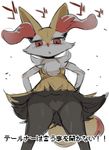  1girl animal_ears braixen fox_ears fox_tail from_below furry hands_on_hips legs_apart looking_at_viewer looking_down mizone no_humans open_mouth pokemon pokemon_(creature) pokemon_xy red_eyes simple_background solo standing tail text translation_request white_background 