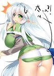  ass blue_hair blush breasts bridal_gauntlets copyright_request directional_arrow green_eyes highres huge_breasts large_breasts long_hair looking_at_viewer looking_back panties pointy_ears rei_shabu simple_background solo surprised thighs translation_request underwear very_long_hair white_background white_panties 