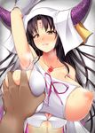  1girl akaneman arm_up armpits bare_shoulders black_hair blush breast_grab breasts collarbone commentary_request detached_sleeves facial_mark fate/extra fate/extra_ccc fate_(series) forehead_mark grabbing groping heavy_breathing hetero horns huge_breasts long_hair looking_at_viewer navel nipples parted_lips sesshouin_kiara smile solo_focus sweat tattoo upper_body veil very_long_hair yellow_eyes 