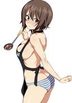  apron bangs bare_arms bare_back bare_shoulders black_apron breasts brown_eyes brown_hair cleavage closed_mouth commentary_request cowboy_shot from_side girls_und_panzer highres ladle looking_at_viewer looking_to_the_side medium_breasts nakahira_guy nearly_naked_apron nishizumi_maho panties short_hair sideboob solo soup_ladle striped striped_panties underwear 