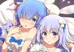  blue_eyes blue_hair breasts cleavage crossover gochuumon_wa_usagi_desu_ka? hair_ornament hair_over_one_eye hair_ribbon hand_to_own_mouth kafuu_chino large_breasts lavender_hair long_hair looking_at_viewer lying minase_inori multiple_girls ogipote open_mouth re:zero_kara_hajimeru_isekai_seikatsu rem_(re:zero) ribbon seiyuu_connection short_hair strap_slip stuffed_animal stuffed_toy tippy_(gochiusa) x_hair_ornament 