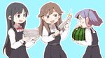  :d arashio_(kantai_collection) asashio_(kantai_collection) belt black_hair blue_background brown_hair commentary dokan_(dkn) dress food fruit holding holding_food holding_fruit kantai_collection knife long_hair looking_at_another multiple_girls neck_ribbon ooshio_(kantai_collection) open_mouth pinafore_dress plate red_ribbon remodel_(kantai_collection) ribbon school_uniform shirt smile twintails v-shaped_eyebrows watermelon white_shirt 