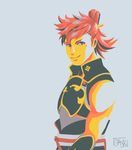  absurdres bare_arms facial_scar fire_emblem fire_emblem_if highres hinata_(fire_emblem_if) looking_at_viewer male_focus ponytail scar scar_on_cheek signature simple_background smile solo streaac 
