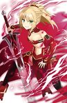  asato_(fadeless) blonde_hair breasts fate/apocrypha fate/grand_order fate_(series) green_eyes highres long_hair looking_at_viewer mordred_(fate) mordred_(fate)_(all) navel ponytail small_breasts smile solo sword weapon 