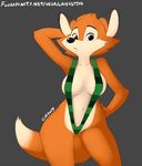  2017 anthro black_nose breasts canine clothing darma dipstick_tail female fox hand_behind_head lapinstein looking_at_viewer mammal multicolored_tail navel rock_dog simple_background solo 