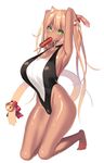  animal_ears armpits arms_up barefoot breasts brown_hair cat_ears cat_tail copyright_request dark_skin green_eyes highres huatu_jiang huge_breasts long_hair mouth_hold simple_background solo tail thighs very_long_hair white_background 