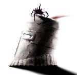  ben_saint bright_background bug dark_souls feathers helmet highres limited_palette no_humans red_feathers shadow simple_background solaire_of_astora souls_(from_software) spider white_background 