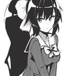  bow breasts ceeeeday greyscale hair_bow highres large_breasts long_hair monochrome noihara_himari omamori_himari ponytail school_uniform solo 