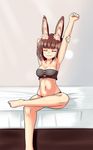  animal_ears arm_behind_head arm_up armpits bangs bare_legs barefoot bed blunt_bangs breasts brown_hair bunny_ears closed_eyes collarbone commentary eyebrows_visible_through_hair highres hound_(sekaiju) medium_breasts nav navel on_bed plantar_flexion sekaiju_no_meikyuu sekaiju_no_meikyuu_5 short_hair sitting solo stomach stretch underwear wavy_mouth 