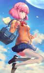  bag blue_eyes bow cardigan hair_bow mini_wings miya_(tokumei) original pink_hair short_hair skirt solo thighhighs wings 