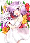  absurdres blush breasts cleavage eyebrows_visible_through_hair fate/grand_order fate_(series) flower fou_(fate/grand_order) gloves hair_flower hair_ornament highres large_breasts looking_at_viewer mash_kyrielight open_mouth pink_hair purple_eyes ranf smile white_gloves 