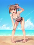  ;d ahoge armpits bangs bare_shoulders barefoot beach bent_over bikini bikini_under_clothes black_bikini blue_sky breasts brown_hair cleavage cloud collarbone day drill_hair eyebrows_visible_through_hair full_body hair_ornament hair_scrunchie hand_on_own_knee hand_up idolmaster idolmaster_million_live! kamille_(vcx68) leaning_forward long_hair looking_at_viewer medium_breasts navel ocean one_eye_closed open_mouth outdoors purple_eyes sand scrunchie see-through shirt side-tie_bikini side_ponytail sidelocks sky sleeveless sleeveless_shirt smile solo standing stomach swimsuit teeth tied_shirt toes topknot water_drop wet wet_clothes wet_shirt white_shirt yokoyama_nao 
