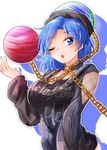  alternate_costume bangs blue_eyes blue_hair blush chain clothes_writing collar earth_(ornament) fishnets gold_chain hecatia_lapislazuli highres hips jpeg_artifacts looking_at_viewer no_pants open_mouth oshiaki short_hair solo swept_bangs touhou upper_body 