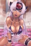  ahoge bare_shoulders bathroom bikini black_bikini blue_eyes blue_hair blush breasts cleavage collarbone cyborg dark_skin gloves headgear highres hijiri large_breasts leg_garter long_hair looking_at_viewer nightgown open_mouth shiny shiny_clothes shiny_skin silver_hair solo swimsuit t-elos tongue tongue_out wrist_cuffs xenosaga 