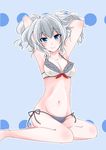  absurdres arms_behind_head blue_eyes blush breasts cleavage commentary_request eyebrows eyebrows_visible_through_hair grey_hair groin hair_between_eyes highres hinase_(twoxout) kantai_collection kashima_(kantai_collection) legs long_hair looking_at_viewer medium_breasts navel outline side-tie_bottom sitting smile solo swimsuit white_outline yokozuwari 
