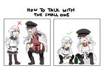  blue_eyes blue_hair bottle comic commentary elbows_on_knees english facial_scar flat_cap gangut_(kantai_collection) gopnik grey_hair hammer_and_sickle hand_on_hip hat hibiki_(kantai_collection) highres how_to_talk_to_short_people jacket_on_shoulders kantai_collection long_hair long_sleeves meme miniskirt multiple_girls oktyabrskaya_revolyutsiya_(kantai_collection) open_mouth pantyhose peaked_cap pleated_skirt red_eyes remodel_(kantai_collection) rukialice scar scar_on_cheek shadow skirt slav_squatting smile squatting thighhighs verniy_(kantai_collection) white_background 