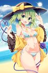  :d bare_shoulders beach bikini black_hat blue_eyes blue_sky breasts cleavage cloud cloudy_sky day dutch_angle eyeball eyebrows_visible_through_hair green_eyes green_hair hair_ribbon halter_top halterneck hat hat_ribbon heart heart-shaped_pupils heart_necklace heart_of_string highres horizon jewelry komeiji_koishi looking_at_viewer maturiuta_sorato medium_breasts medium_hair navel necklace ocean off_shoulder open_mouth outdoors pinky_out ribbon sand shirt side-tie_bikini sky smile solo standing stomach string_bikini striped striped_bikini sun swimsuit symbol-shaped_pupils third_eye touhou water wide_sleeves yellow_ribbon yellow_shirt 