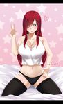  absurdres bare_shoulders black_legwear black_panties blush breasts cleavage collarbone erza_scarlet fairy_tail gaston18 hair_over_one_eye heart highres huge_breasts kneeling long_hair looking_at_viewer navel panties red_hair smile solo thighhighs underwear v 