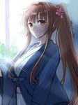  alternate_costume blue_kimono blush brown_eyes brown_hair flower hair_flower hair_intakes hair_ornament indoors japanese_clothes kantai_collection kimono long_hair looking_at_viewer morning ponytail primary_stage sketch smile solo sunlight twitter_username wide_sleeves window yamato_(kantai_collection) 