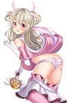  2drr absurdres ass cross elbow_gloves eyebrows_visible_through_hair fate_(series) from_behind gloves highres illyasviel_von_einzbern long_hair looking_at_viewer magical_girl panties pantyshot pink_eyes pink_legwear silver_hair solo striped striped_panties thighhighs underwear white_gloves 