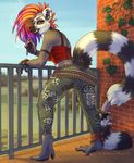  2017 anthro balcony breasts chewycuticle clothed clothing ear_piercing facial_piercing female fishnet_gloves hair highlights jeans lemur mammal multicolored_hair nose_piercing orange_hair outside paisley_meadows pants piercing primate punk purple_highlights ringed_tail septum_piercing smoking solo 