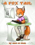  blue_eyes brown_shoes canine chair choker clothing computer computer_monitor cover_image eric_m_deal footwear fox keyboard khaki_pants mammal polar_and_vulpie_saga purple_shirt shoes sitting table text trezhurisland typing vulpie_vivixen 