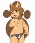  2017 4_fingers anthro black_nose briefs brown_eyes brown_fur brown_hair bulge chest_tuft claws clothed clothing cub fur hair happy inner_ear_fluff looking_at_viewer mammal moki navel open_mouth partially_clothed pawpads paws short_hair simple_background smile standing teeth tongue tuft underwear underwear_pull white_background young 