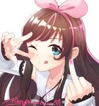  ;p a.i._channel artist_name blush brown_hair collarbone dated green_eyes highres kizuna_ai long_hair looking_at_viewer middle_finger nail_polish one_eye_closed pink_nails ranyu signature sketch smile solo tongue tongue_out upper_body v v_over_eye virtual_youtuber 