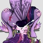  2015 absurd_res anthro anthrofied artsenravenbrave backsack balls barefoot butt cum cum_in_mouth cum_inside cutie_mark duo equine feathered_wings feathers female forced forced_oral friendship_is_magic grey_background hair hi_res horn long_hair looking_at_viewer lying male male/female mammal multicolored_hair my_little_pony on_back one_eye_closed oral pegasus penis princess_cadance_(mlp) purple_eyes purple_hair sex simple_background throat_swabbing twilight_sparkle_(mlp) two_tone_hair winged_unicorn wings 