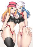  adapted_costume bare_shoulders black_legwear blue_eyes blue_hair blush breasts brown_hair eyebrows_visible_through_hair hat highleg hikari_(pokemon) impossible_clothes large_breasts long_hair looking_at_viewer multiple_girls nagase_haruhito navel open_mouth parted_lips pokemon pokemon_(game) pokemon_dppt pokemon_xy red_hat scarf serena_(pokemon) shirt sleeveless sleeveless_shirt smile standing thighhighs thong 