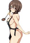  apron ass bangs black_apron breasts brown_eyes brown_hair cleavage closed_mouth commentary_request cowboy_shot from_side girls_und_panzer highres ladle looking_at_viewer looking_to_the_side medium_breasts nakahira_guy naked_apron nishizumi_maho panties short_hair sideboob solo soup_ladle striped striped_panties underwear 